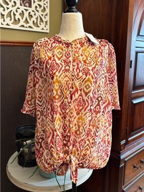 🆕 Haver & Blair Ikat Tie-Front Blouse in Red & Mustard